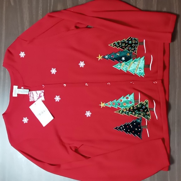 Classic Elements Sweaters - Classic Elements Red Full Button Cardigan w Christmas Tree Embellishments XL NWT